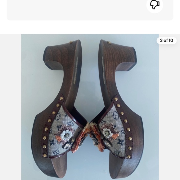 LOUIS VUITTON Gray Monogram Canvas w Rhinestone & Raffia Clog Mules, Size 39.5 - Picture 2 of 10